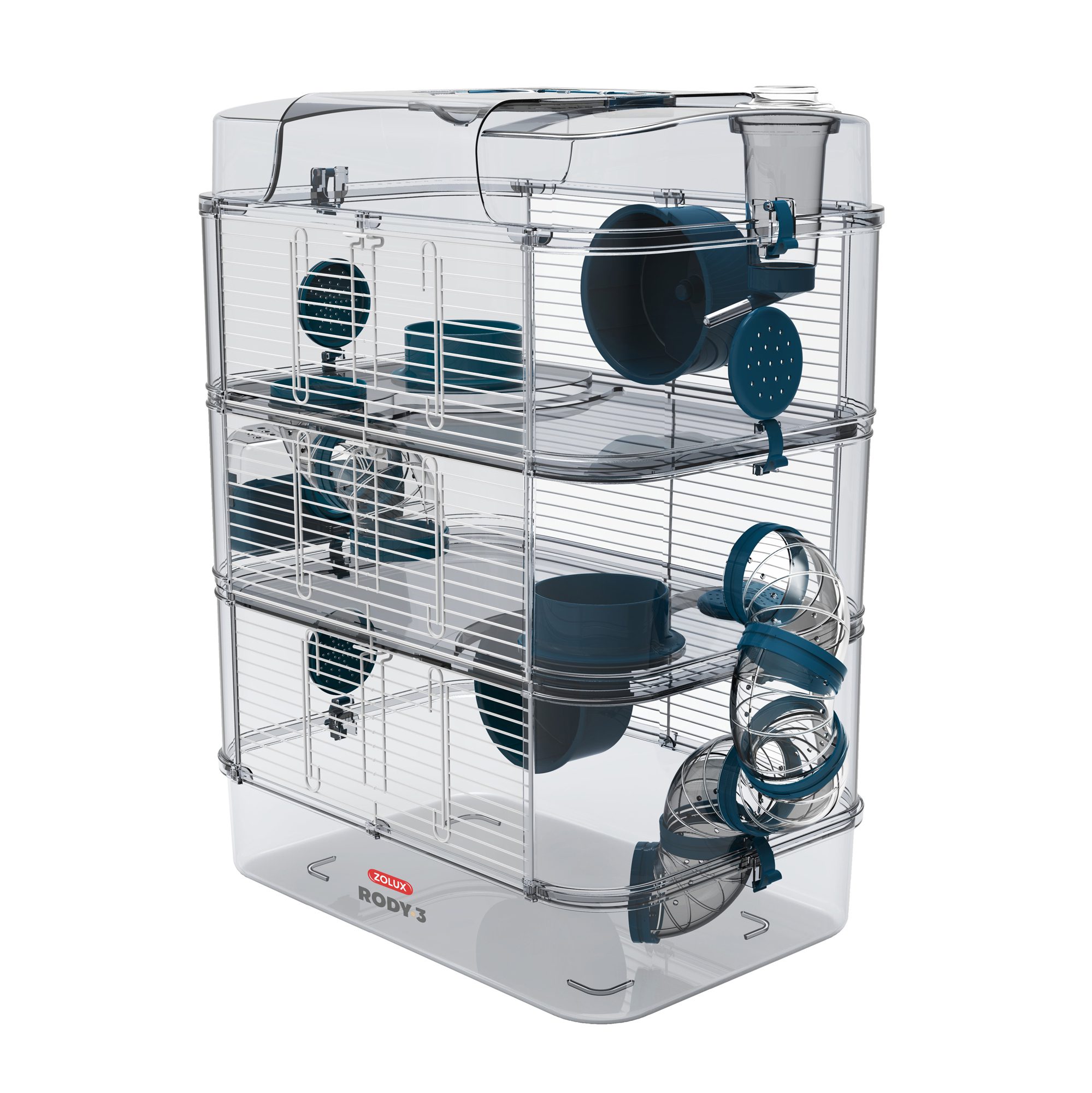 Cage Trio Rody 3 pour hamster, trois étages, bleue, 41 x 27 x 53 cm (16,14 x 10,62 x 20,86 po)